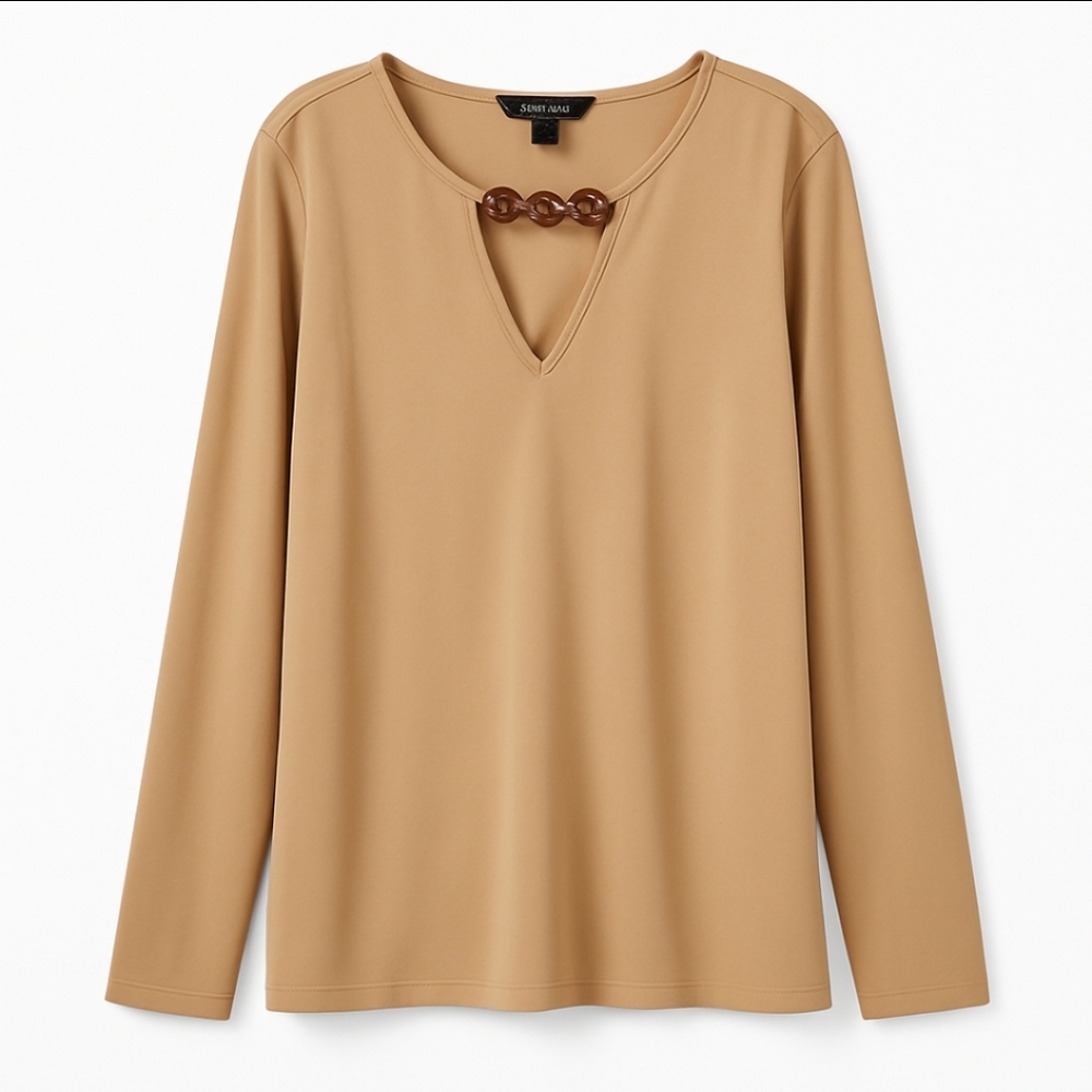 Lauren Ralph Lauren Camel Chain Neck Vneck Long Sleeve Top Plus Sz 3X